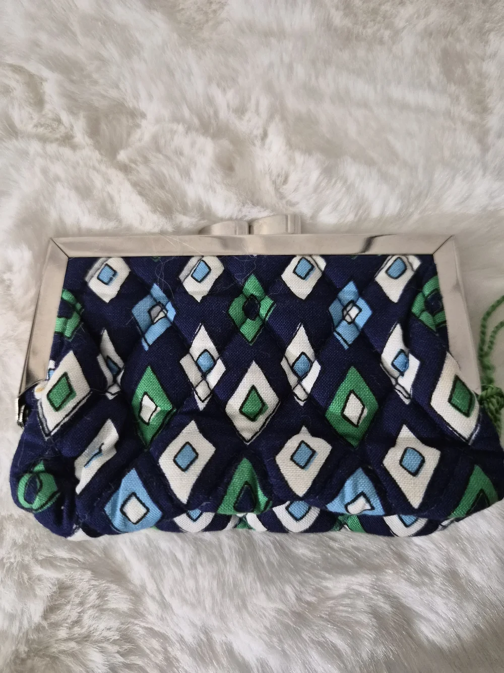 Vera Bradley Quilted Kisslock Diamond Print Coin Purse- Navy, Green, Light Blue - Picture 2 of 8